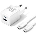 Vention 30W GaN Çift Çıkışlı (USB-C 30W USB-A 30W) 1M Kablolu iPhone Uyumlu Hızlı Şarj Seti Beyaz