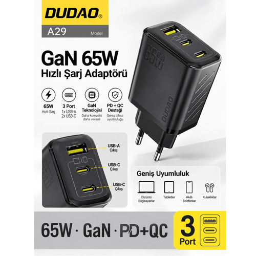 Dudao A29  65W Hızlı Şarj Adaptörü Siyah